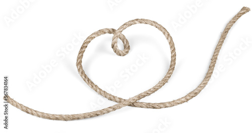 Tied square knot, linen rope in the shape of a heart