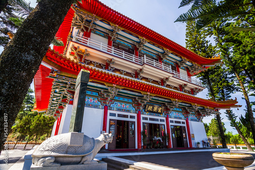 Building view of Xuanzang Temple in Sun Moon Lake of Nantou, Taiwan. The structure is modeled after ancient halls and rooms of the Tang dynasty.