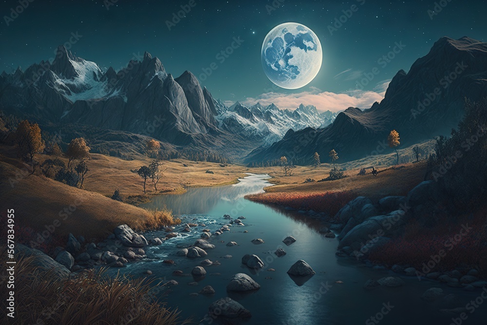 a painting of a mountain river with a full moon in the sky and a ...