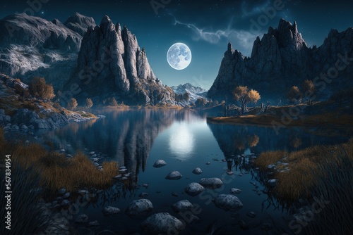  a painting of a mountain lake with a full moon in the sky and a few rocks in the water and grass in the foreground. generative ai