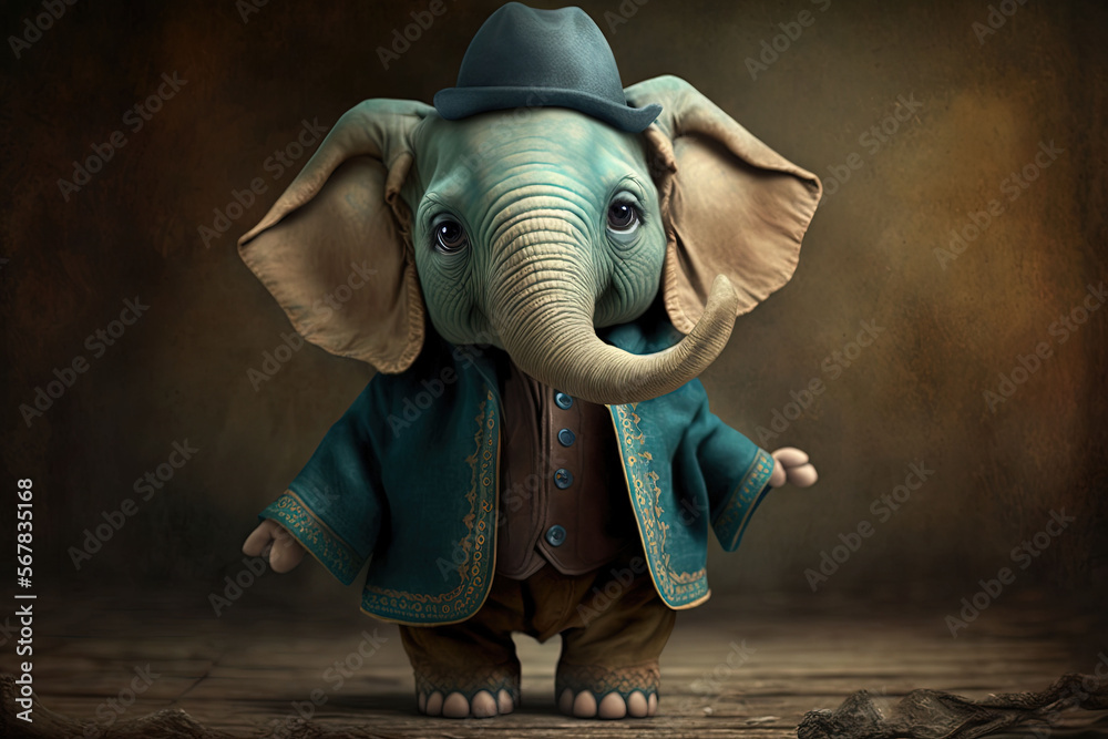 a small elephant dressed in a blue jacket and hat with a hat on it's head, standing on a wooden floor with a dark background. generative ai a small elephant dressed in a blue jacket and hat with a hat on it's head, standing on a wooden floor with a dark background. generative ai