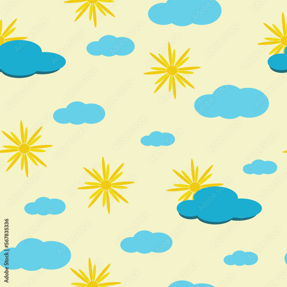 Clouds and sun on a light background. Seamless pattern. Children's background. Vector illustration. Clouds and sun on a light background. Seamless pattern. Children's background. Vector illustration.