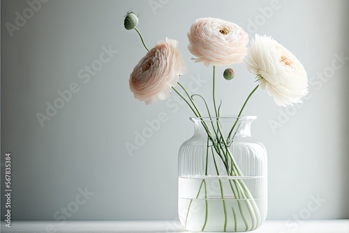  a glass vase filled with white flowers on a white tablecloth covered tablecloth with a gray background behind it and a gray wall behind it.  generative ai
