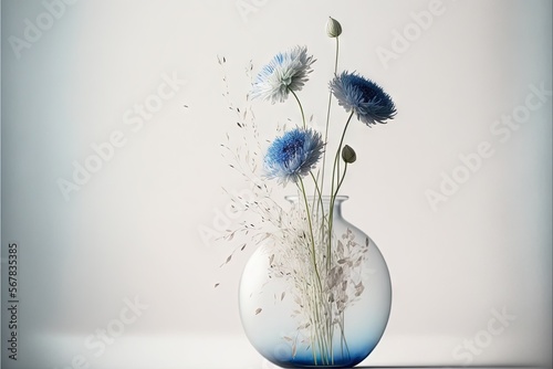  a vase filled with blue flowers on top of a table next to a white wall and a white wall behind the vase is a blue and white wall.  generative ai
