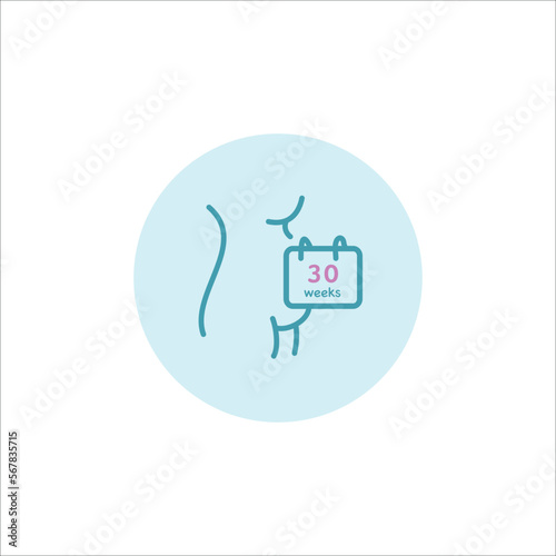 30 weeks pregnant vector sign. Thirty weeks of pregnancy icon. Seven months, third trimester calendar