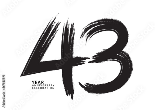 43 year anniversary celebration logotype black paintbrush vector, 43 number design, 43th Birthday invitation, anniversary template, logo number design vector, calligraphy font, typography logo