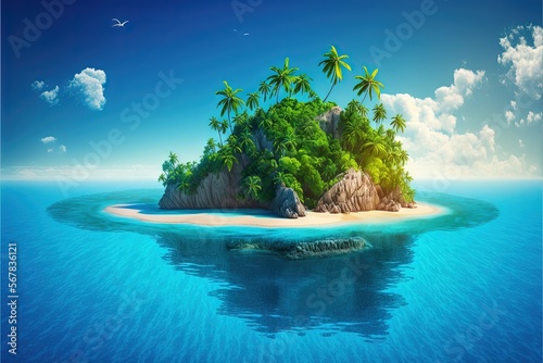  a small island with palm trees on an island in the middle of the ocean with a bird flying over the top of the small island.  generative ai