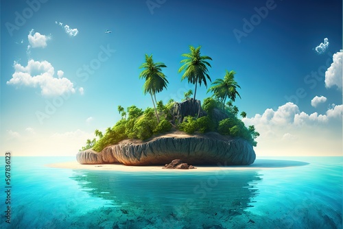  a small island with palm trees on an island in the middle of the ocean with a bird flying over the top of the small island. generative ai