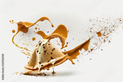  a piece of food is falling off of it's side and being eaten by a spoon with a liquid pouring out of the top of it. generative ai