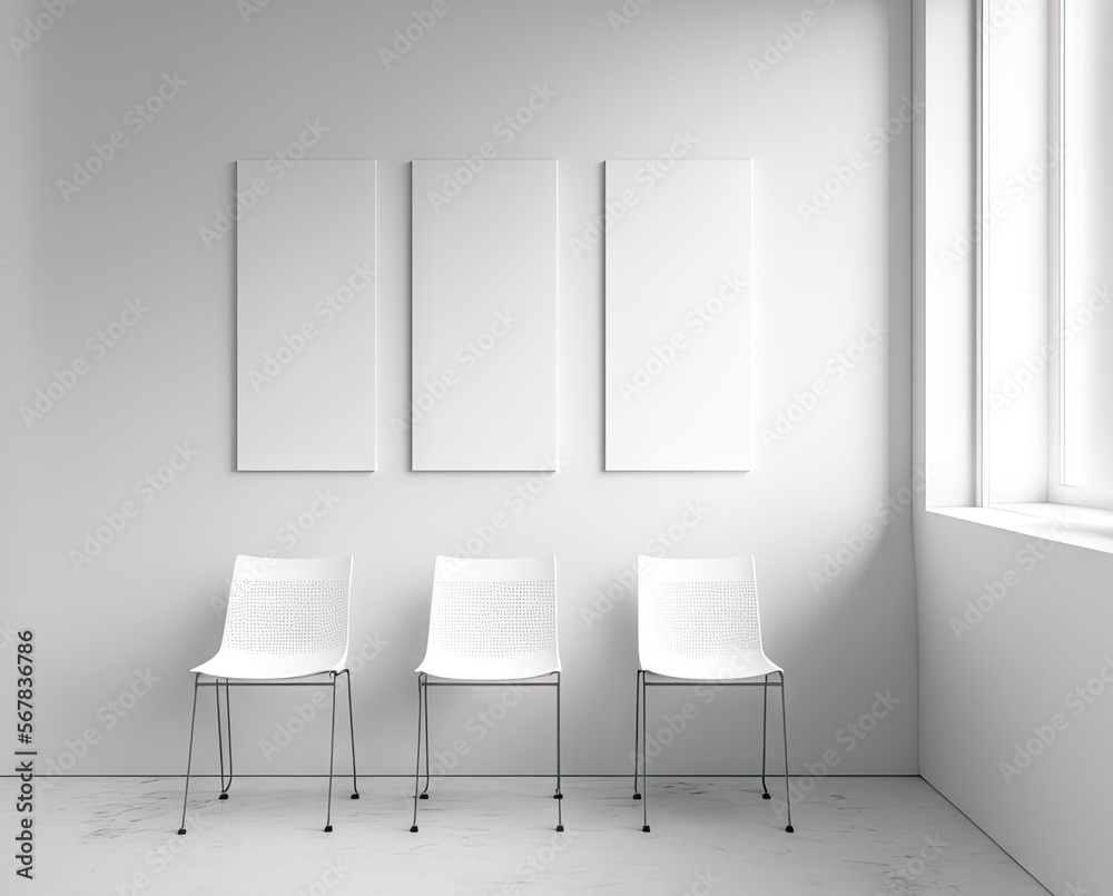 Three free white chairs against a white wall in an office or room, free space. Generative AI