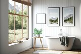 Front view on bright bathroom interior with bathtub, two empty white posters, panoramic window with countryside view, white wall, stool with towels and shampoo, oak wooden floor. Mock up. Generative