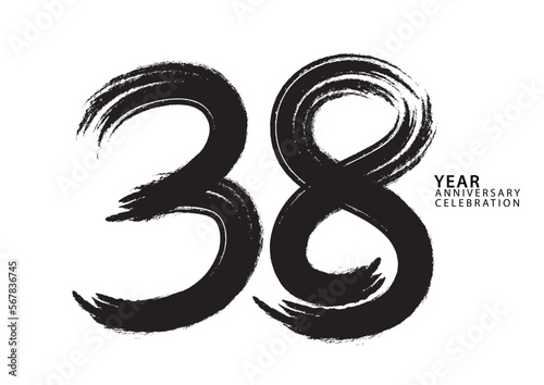 38 year anniversary celebration logotype black paintbrush vector, 38 number design, 38th Birthday invitation, anniversary template, logo number design vector, calligraphy font, typography logo photo