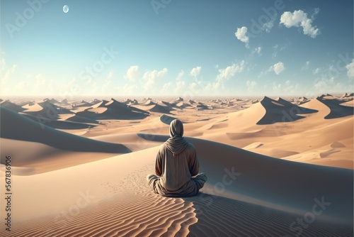  a person sitting in the middle of a desert with sand dunes in the background and a moon in the sky above them, with a few clouds in the distance. generative ai