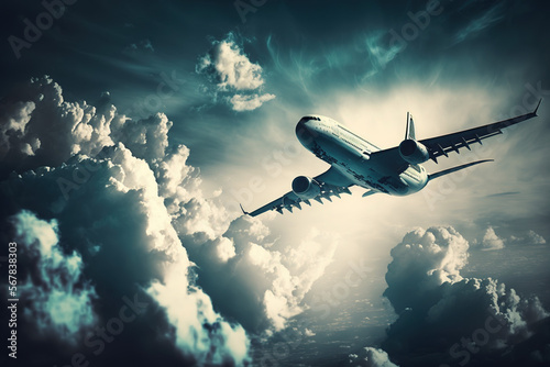 Airplane flies through the sky, blue sky, clouds, cloudy, plane in the air, epic landscape, travel, graphic art, illustration, plane flies over the clouds, moody, transportation, plane in the sky