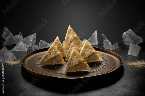 Indian dessert known as Kaju Katli is a diamond shaped confection made with cashew sugar and mava and served on a platter against a somber backdrop. discerning concentration. Generative AI photo