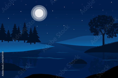 Night landscape with.a lake and forest. Vector illustration. 