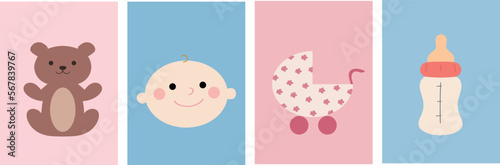 Set of flat templates. Emblems of baby, motherhood, childbirth, baby face, teddy bear. Flat style