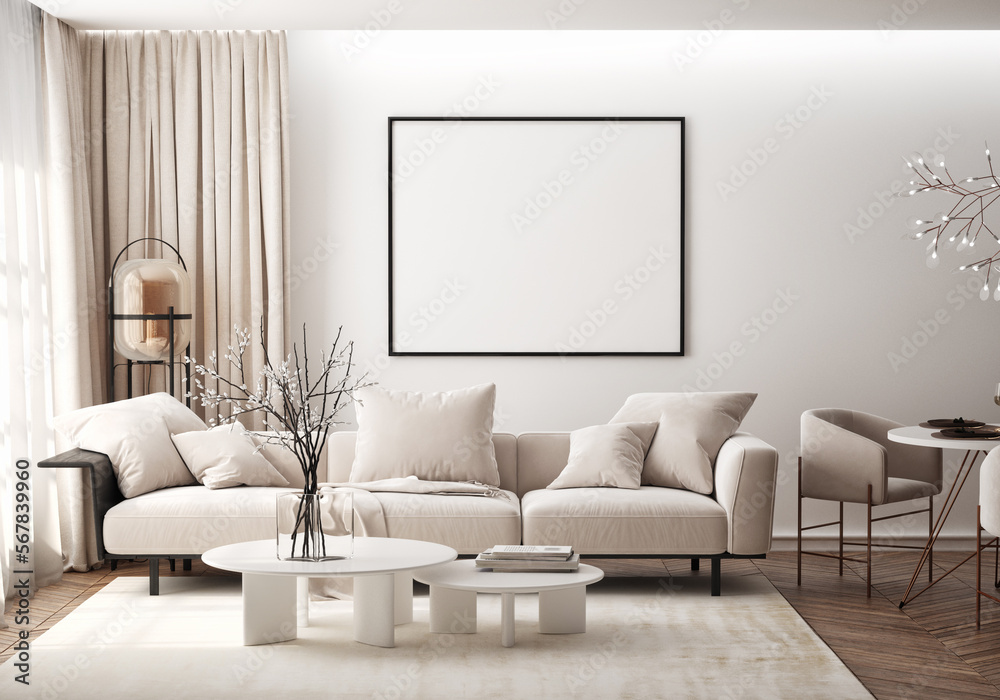 Mockup poster frame on the wall of living room. Luxurious apartment