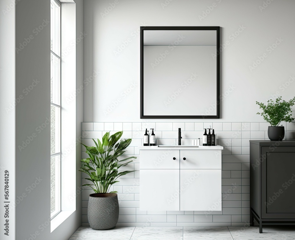 Front view on blank white poster on light grey wall in stylish