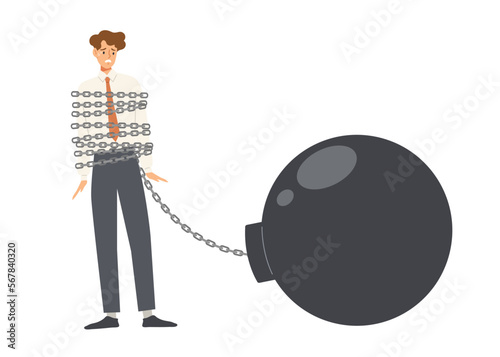 Young office man is chained to giant blank weight isolated on white background. Concept of debt, financial issue, burden, obligation,  struggle with career obstacle. Flat vector illustration.