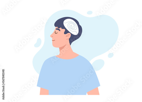 Happy man with peaceful mind and arranged thought in head. Concept of mental well-being, healthy, calm, cognitive therapy, self awareness, positive thinking. Flat vector illustration character.