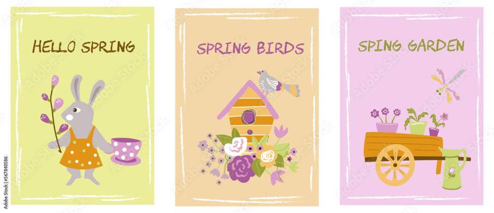 Hello  spring. Collection of seasonal cute postcards.Vector illustration