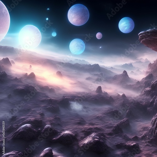 3d rendered Space Art: Alien Planet - A Fantasy Landscape with blue skies and stars - generative ai