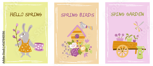 Hello  spring. Collection of seasonal cute postcards.Vector illustration