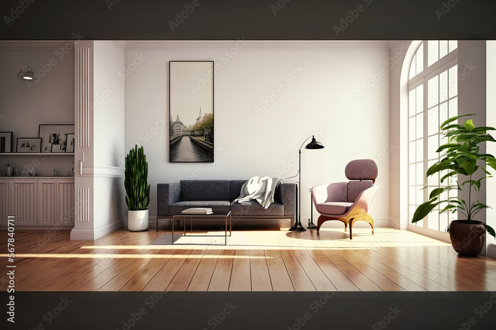Fototapeta premium Modern interior background, wall mock up, 3d render. Generative AI