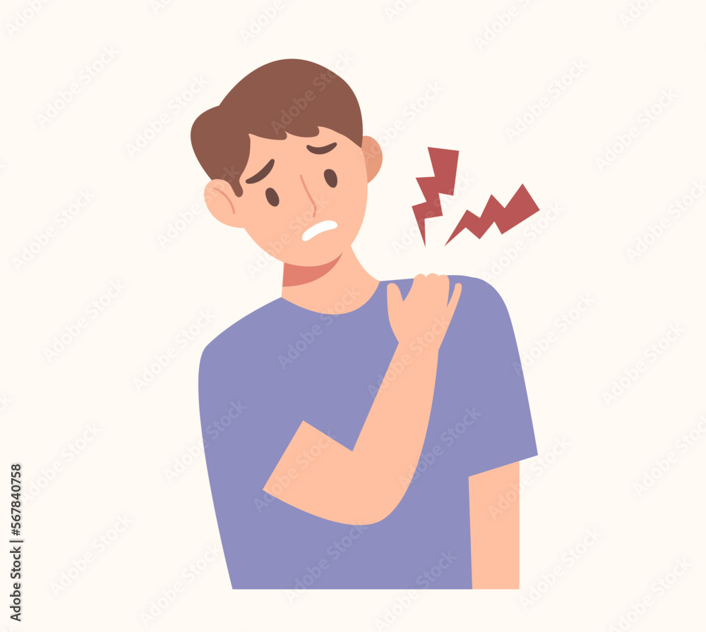 Young man touching his shoulder because of muscle pain. Concept of office syndrome, upper back pain, health, poor posture, weak muscle. Medical cartoon. Flat vector illustration character. Young man touching his shoulder because of muscle pain. Concept of office syndrome, upper back pain, health, poor posture, weak muscle. Medical cartoon. Flat vector illustration character.