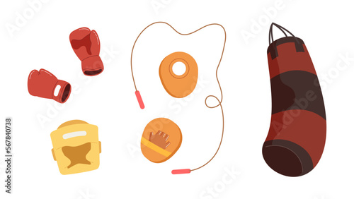 Set of boxing equipment isolated on white background. Boxing gloves, head guard, punching pad, jumping rope and sand bag. Element for sport, activity, workout and exercising. Flat vector illustration.
