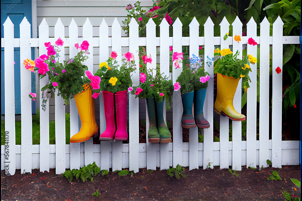 Flowers planted on colorful wellington boots hanging from a garden ...