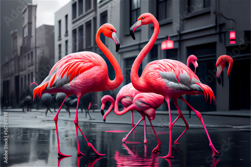 Black and white city with bright pink flamingos walking around, generative AI