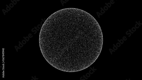 3D white sphere rotates on black background. Object consisting of flickering particles 60 FPS. Science tutorial concept. Abstract backdrop for logo, title, presentation. 3D animation.