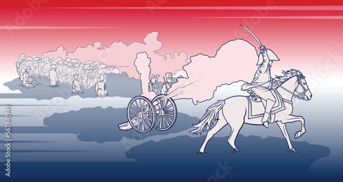 Vector graphic depicting Napoleon leading the French army during the Battle of Waterloo