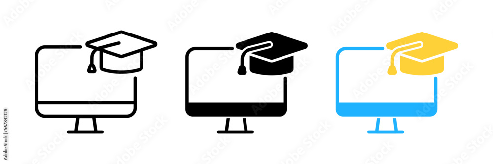 Computer monitor display and graduation cap. Online education, e-learning, online training, workshops and courses. Cartoon minimal style. Computer monitor display and graduation cap. Online education, e-learning, online training, workshops and courses. Cartoon minimal style.