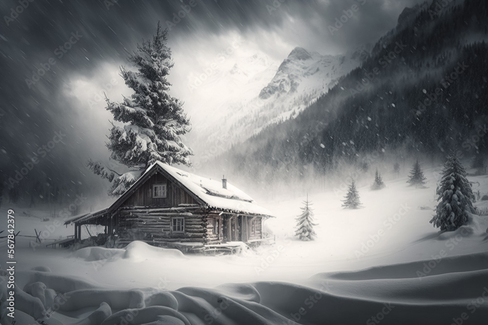 Hütte in der Bergen bei einem dramatischen Schneesturm, moody