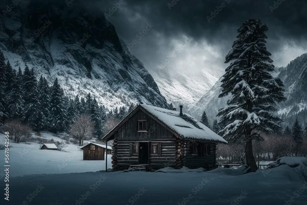 Hütte in der Bergen bei einem dramatischen Schneesturm, moody