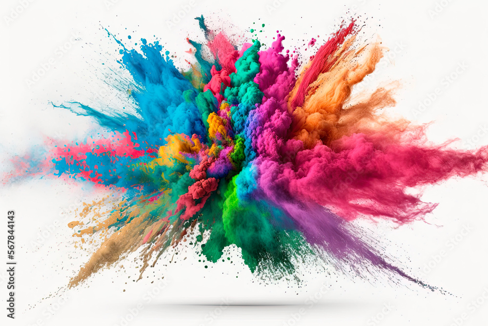 Multicolored explosion of rainbow holi powder paint isolated on white background. Generative AI