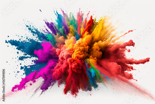Multicolored explosion of rainbow holi powder paint isolated on white background. Generative AI