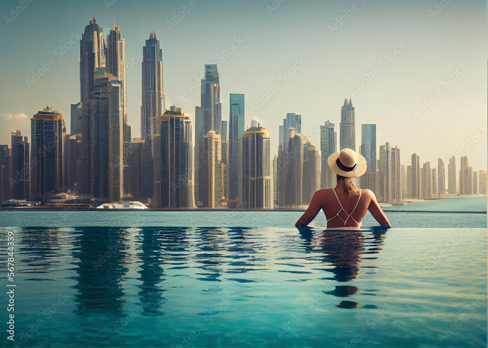 Beautiful young woman with a hat in the infinity pool enjoyed, AI Generated