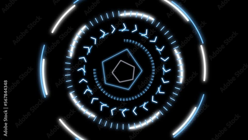 Animated hud retina scanner with blue circles and white circles shows high-tech for science fiction or cyberspace with futuristic shapes and rotating circles as head-up display interface for analyzing