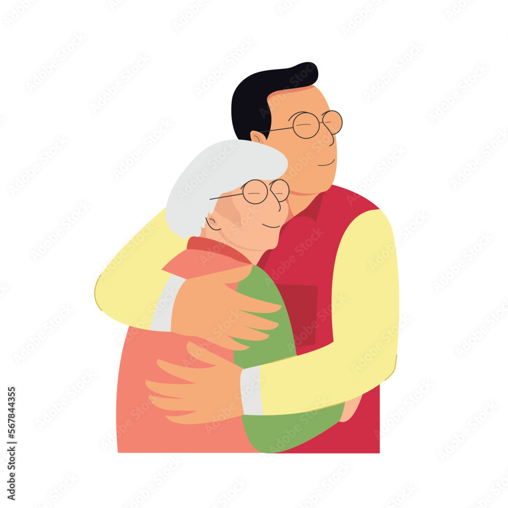 Elder son hugs his old aged mother flat illustration