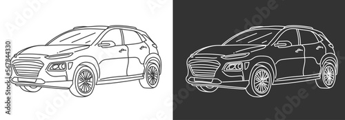 Outline illustration of modern sports car isolated on black and white background