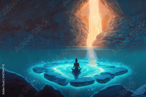 Woman medidates in lotus pose in surreal environment