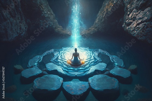 Woman medidates in lotus pose in surreal environment
