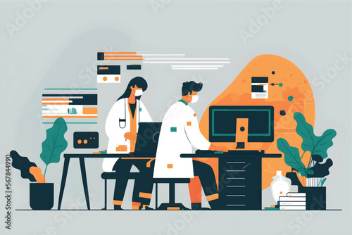 doctors working consulting medical records, minimalist vector illustration, flat design