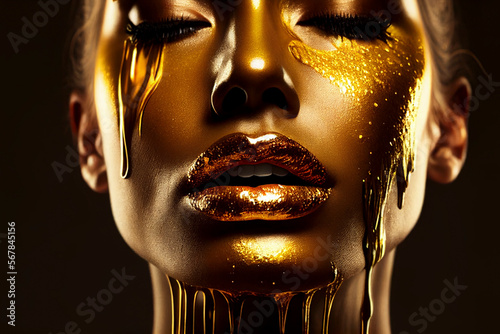 Golden make up. Fashion model girl on black background created with generative Ai technology