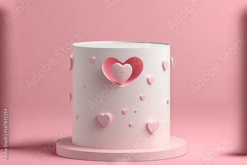 An example of a minimalistic, white podium scenario with a Valentine's Day theme. Display stand for a mockup product presentation. Cylinder stage with a straightforward design and a pleasant, wonderfu photo