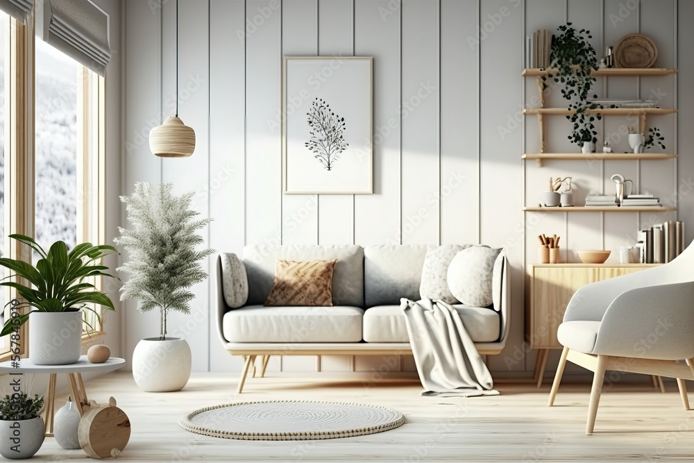 Stylish modern livingroom interior, white home decor, minimal scandinavian living room - obrazy, fototapety, plakaty 